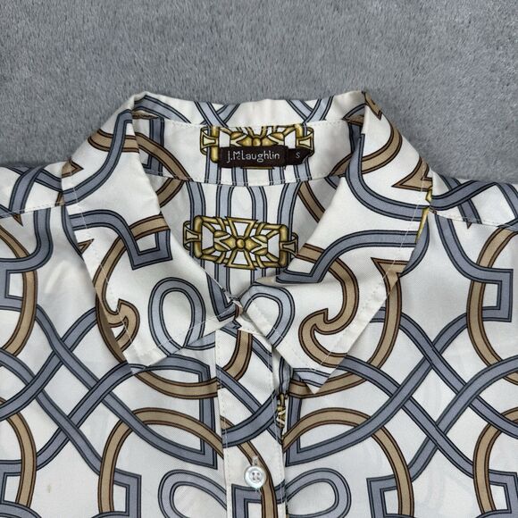 J. McLaughlin Top Womens Small Silk Geometric Long Sleeve Collared Blouse Button - Picture 3 of 9